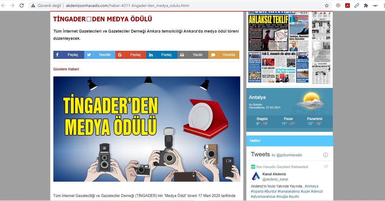 TİNGADER'den medya ödülü